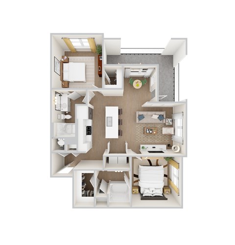 A top-down view of a small apartment with a kitchen, living room, and bathroom.